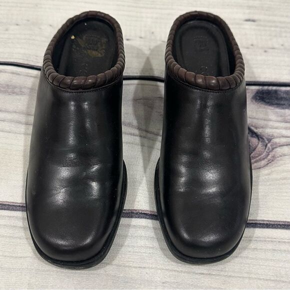 Cole Haan Womens Shoes Black Leather Mules Slides Brown Rope Edging Sz 6 - Picture 2 of 9